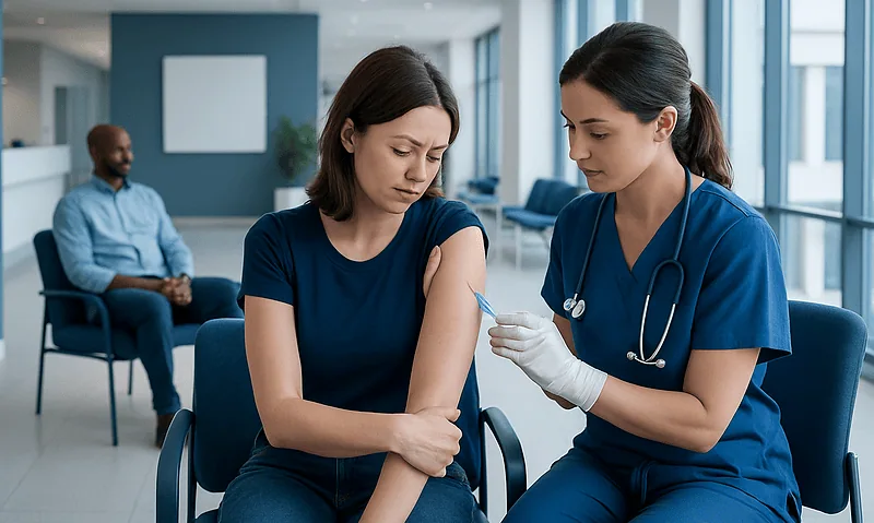 Nurse administering flu vaccine to a woman in a hospital setting.