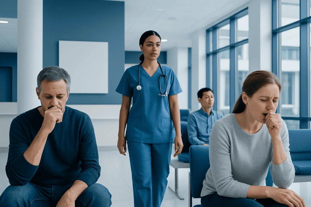 Flu Symptoms Explained: Common Triggers and Red Flags 1 Patients experiencing flu symptoms in a hospital waiting area with a nurse present.