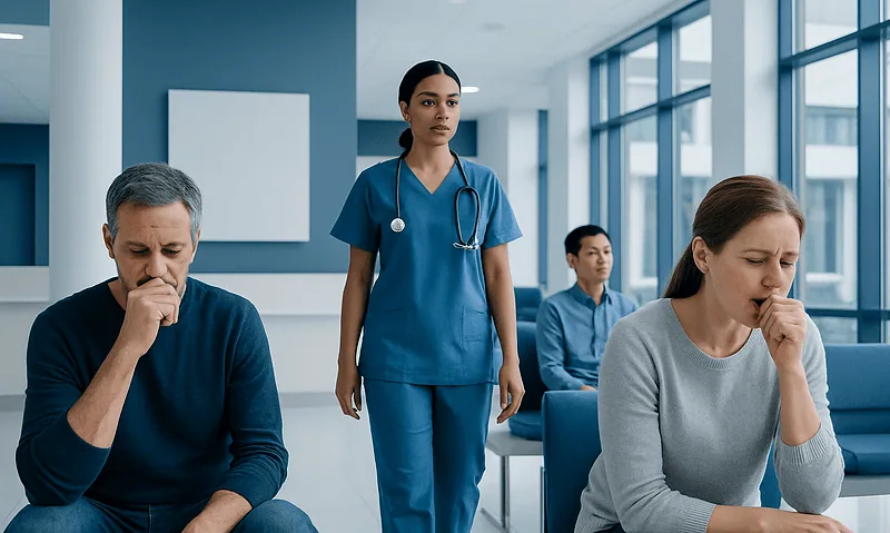 Patients experiencing flu symptoms in a hospital waiting area with a nurse present.