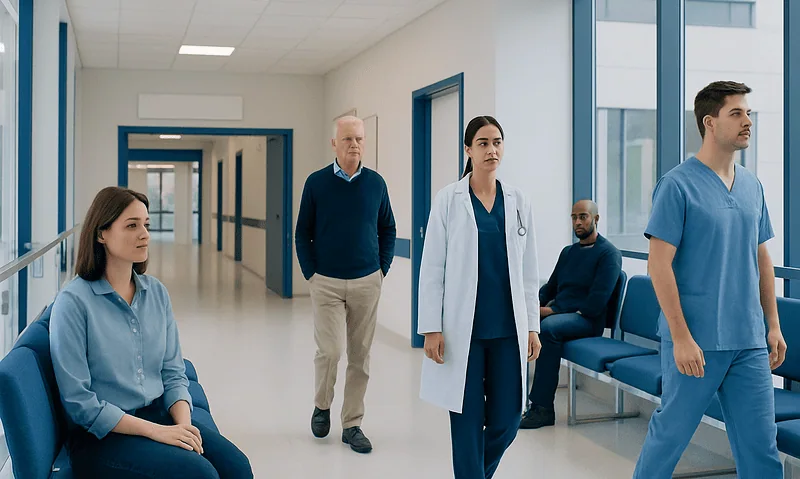 Healthcare professionals and patients in a hospital corridor.