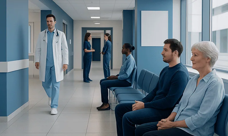 Hospital corridor with patients and medical staff at Acibadem Hospitals Group.