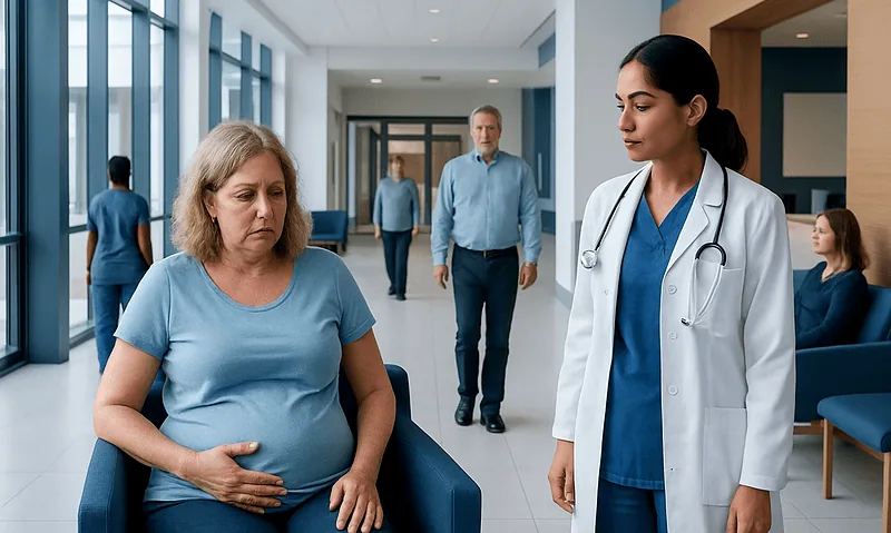 Patient consulting with doctor in hospital corridor.
