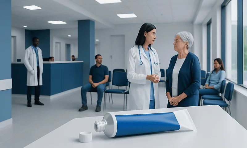 Doctor consulting elderly patient in hospital waiting area with medical staff in background.