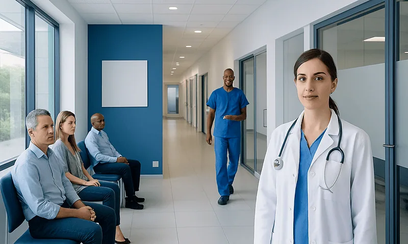 Healthcare professionals and patients in a modern hospital corridor.