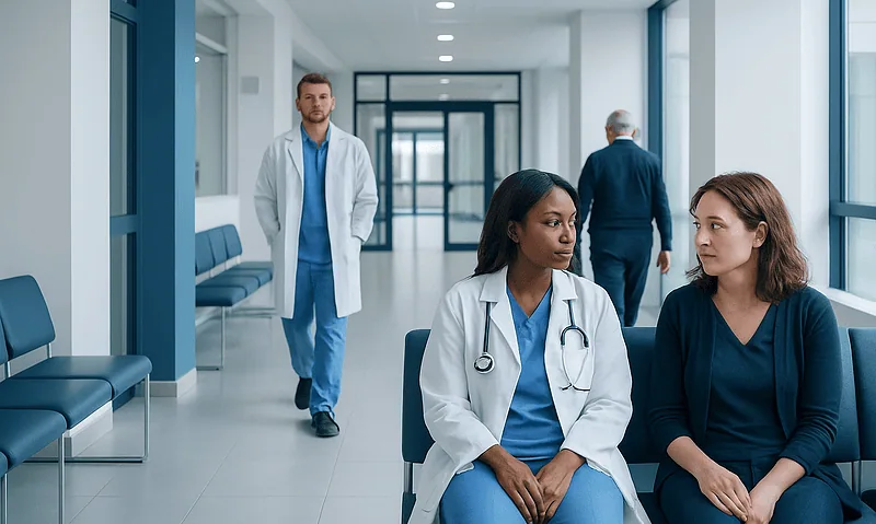 Medical professionals waiting in a hospital corridor at Acibadem Hospitals Group.