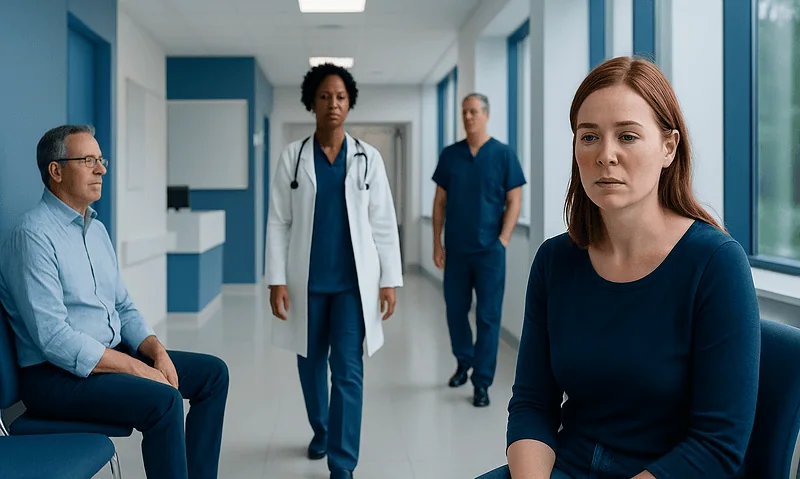 Patient experiencing discomfort in hospital corridor with medical staff nearby.
