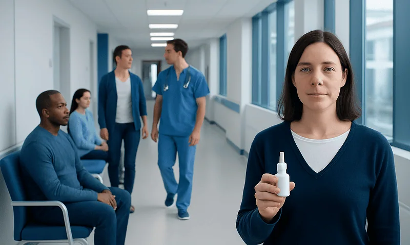 Healthcare professionals in a hospital corridor with a nurse holding a nasal spray.