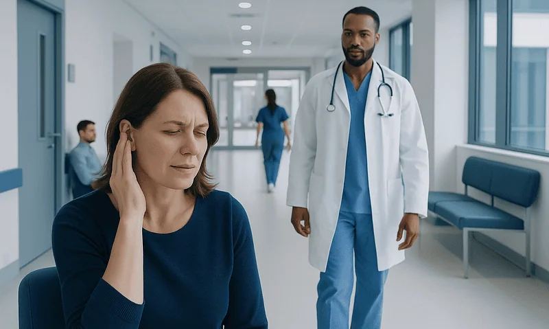 Patient experiencing ear fluttering in a hospital corridor.