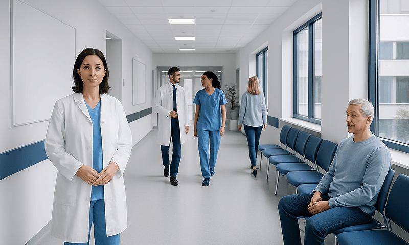 Medical professionals and patient in a modern hospital corridor.