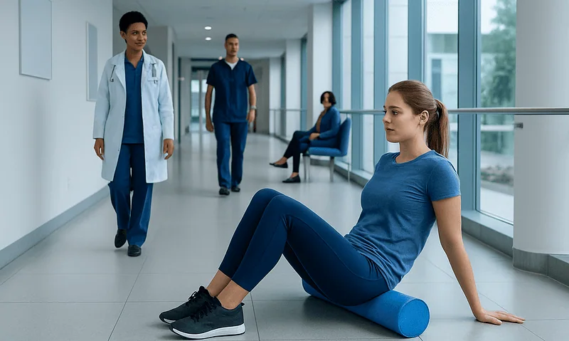 Patient using foam roller in hospital corridor for muscle relief.