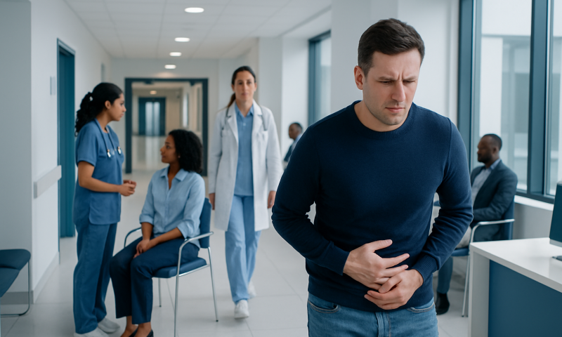 Man experiencing stomach pain in hospital corridor with medical staff and patients.