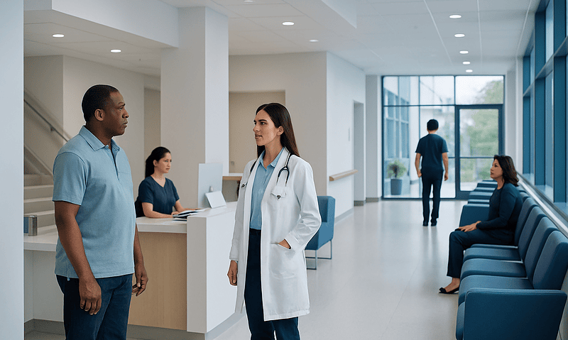 Foamy Urine: A Complete Medical Overview 13 Doctor consulting a patient in a modern hospital lobby.