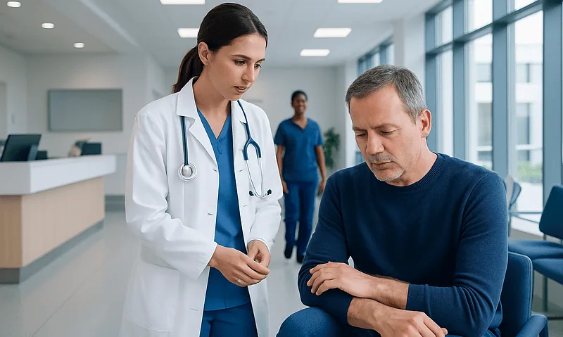 Doctor consulting a patient in a modern hospital corridor.