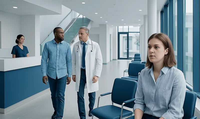 Patients and doctor in a modern hospital waiting area.