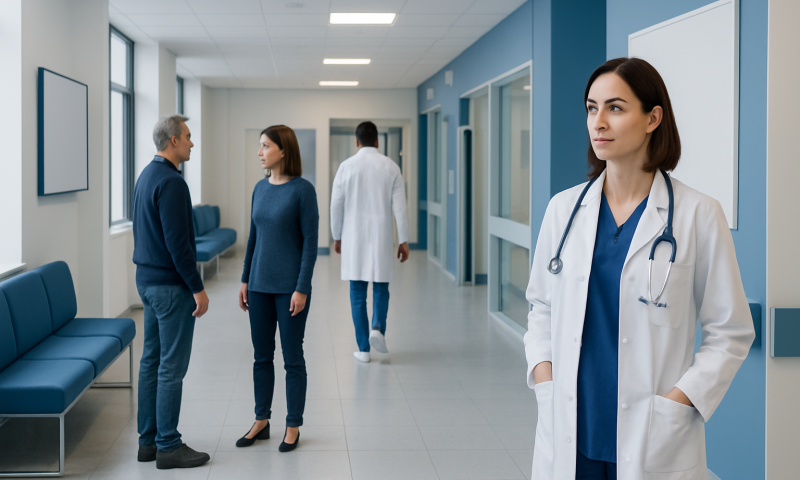 Healthcare professionals and patients in a hospital corridor at Acibadem Hospitals Group.