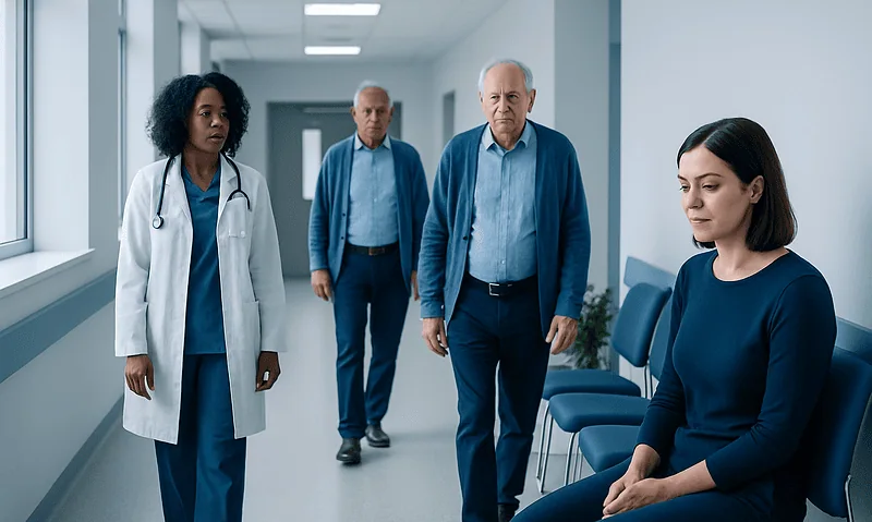 Medical team discussing patient care in hospital corridor.