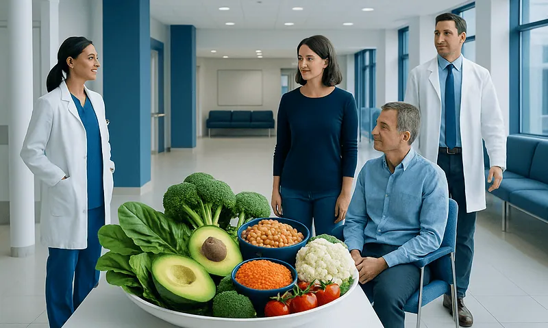 Healthcare professionals discuss healthy foods with a patient in a hospital corridor.
