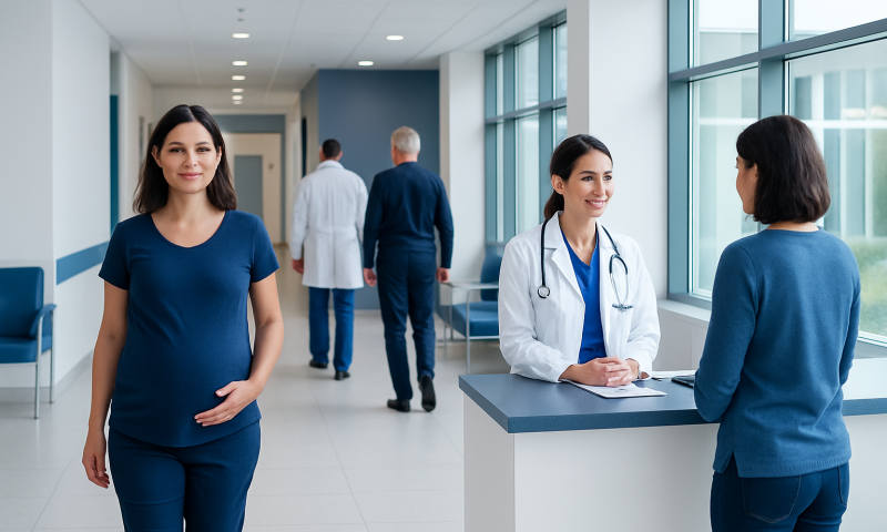 Healthcare professionals and patients in a modern hospital corridor.
