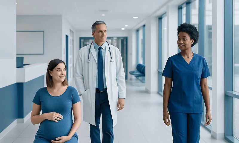 Doctor and nurses in hospital corridor discussing patient care.