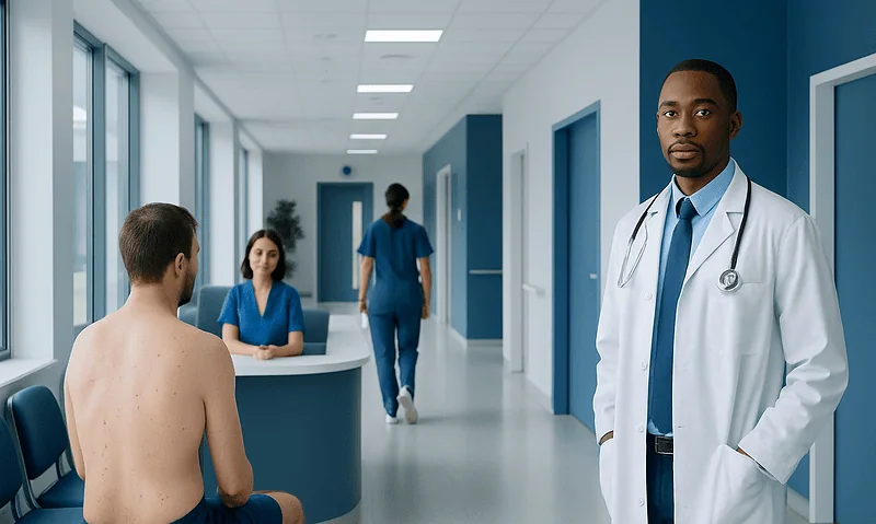 Medical consultation in a modern hospital corridor with a doctor and patient.