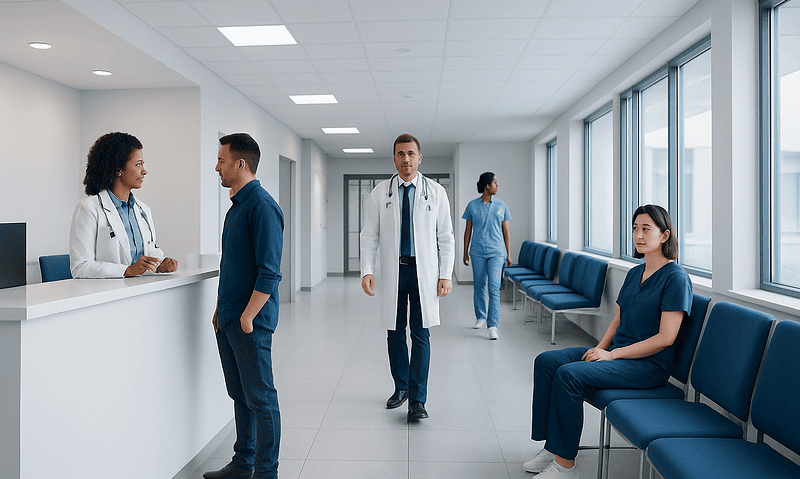 Modern hospital corridor with medical staff and patients.