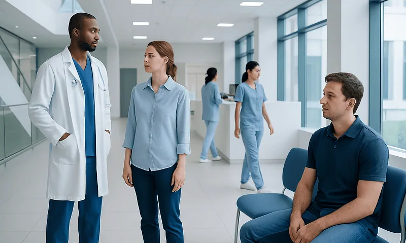 Medical consultation in a modern hospital corridor with healthcare professionals and patient.