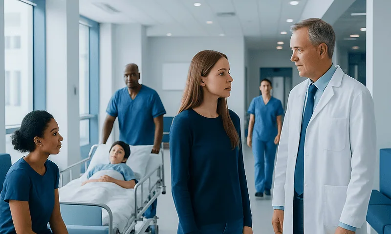 Doctor consulting young patient in hospital corridor with medical staff in background.