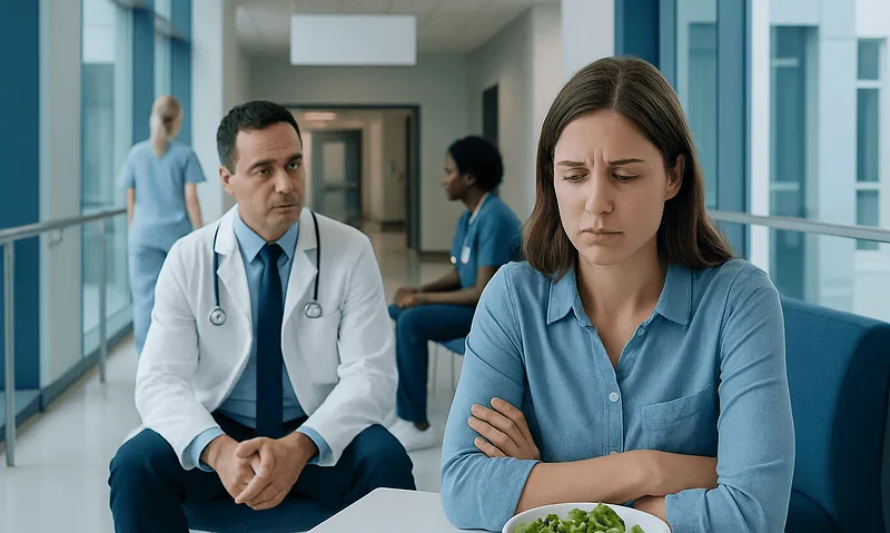Patient experiencing food aversion during medical consultation at hospital.