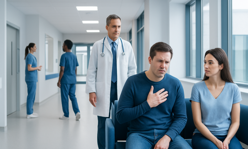 Food Impaction: What the Clinical Research Actually Says 4 Patient experiencing chest discomfort in hospital corridor with medical staff nearby.
