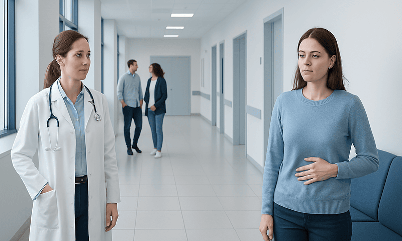 Patient consulting with doctor in hospital corridor.