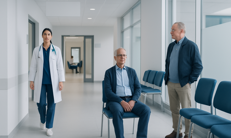 Doctor and patients in a hospital corridor.