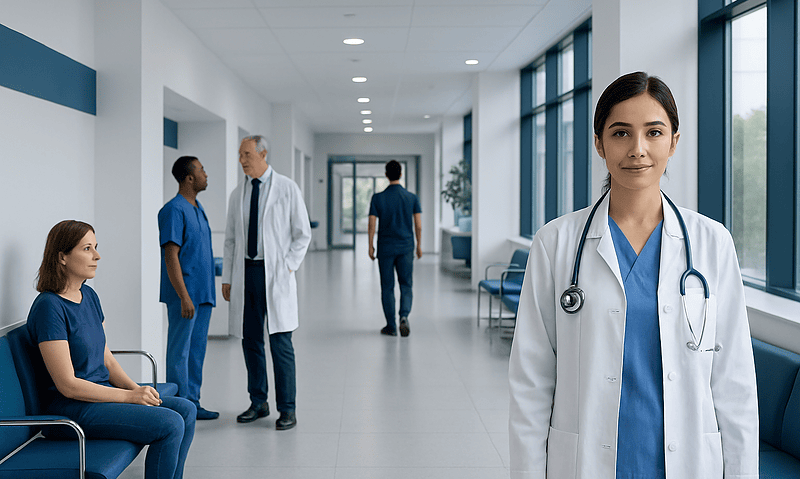 Healthcare professionals and patients in a modern hospital corridor.