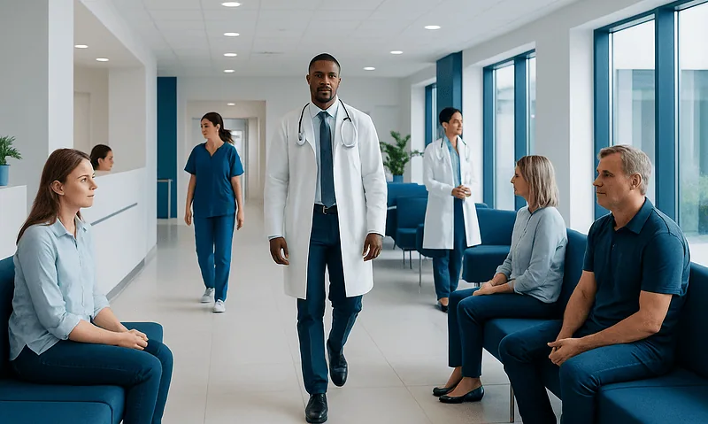 Medical consultation in a modern hospital waiting area with diverse patients and staff.