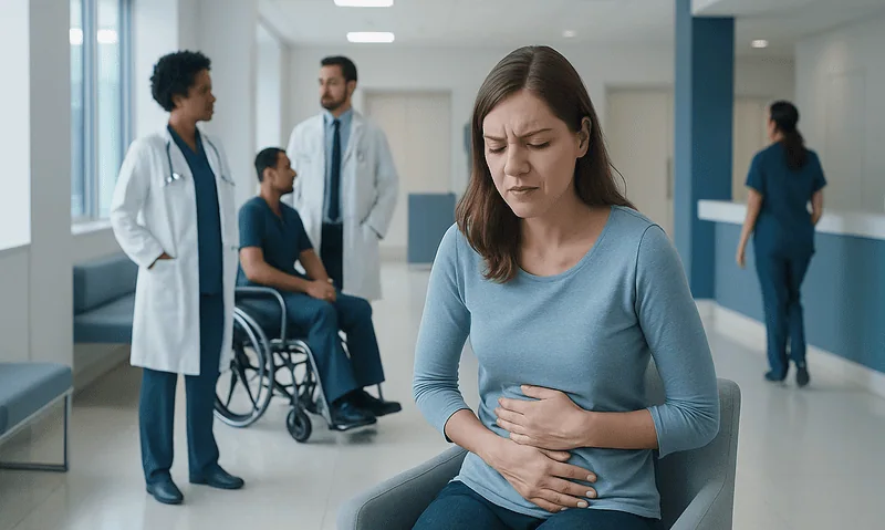 Young woman experiencing stomach pain in hospital corridor with medical staff nearby.