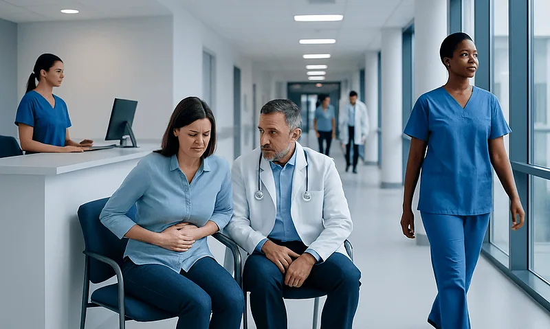 Medical consultation in hospital corridor with healthcare professionals and patient.