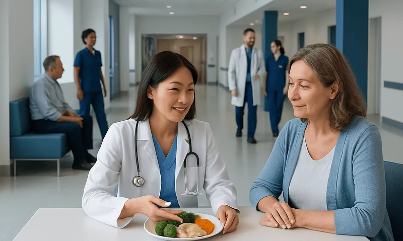 Doctor consulting a patient in a hospital corridor with medical staff in background.