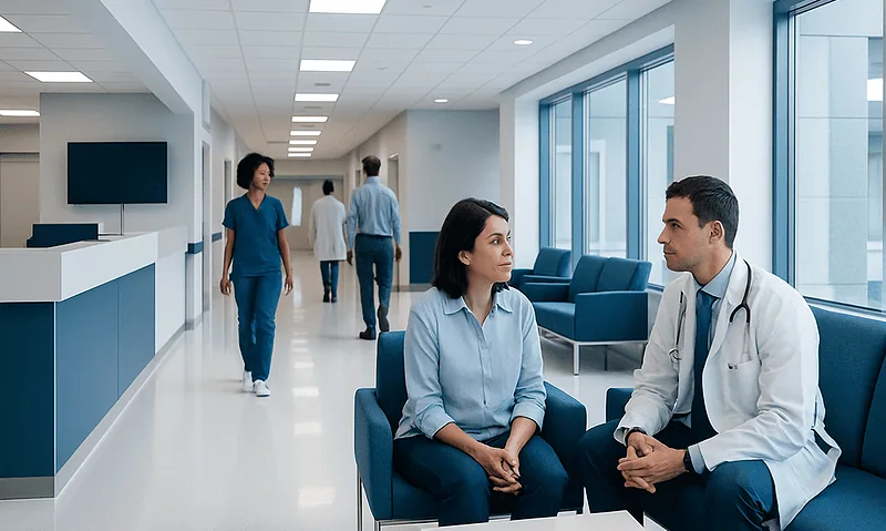 Doctor consulting with a patient in a modern hospital corridor.