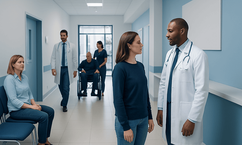 Doctor talking to patient in hospital corridor with staff and patient in background.