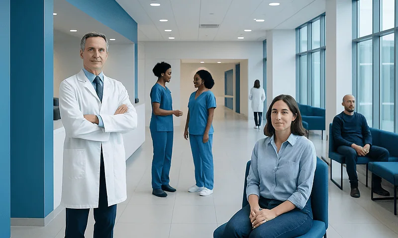 Medical professionals and patients in a modern hospital corridor.