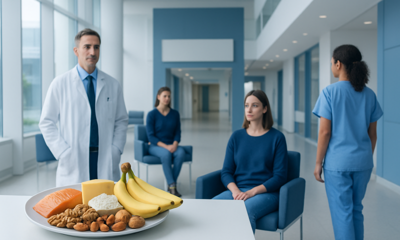 Foods High in Tryptophan: Benefits, Risks, and Safe Use 4 Hospital waiting area with medical staff and patients, healthy food on table.