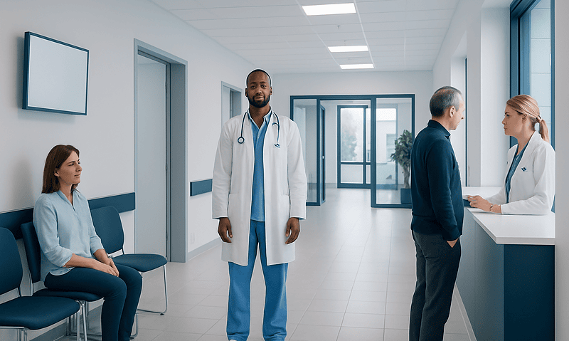 Medical professionals and patient in a hospital corridor.