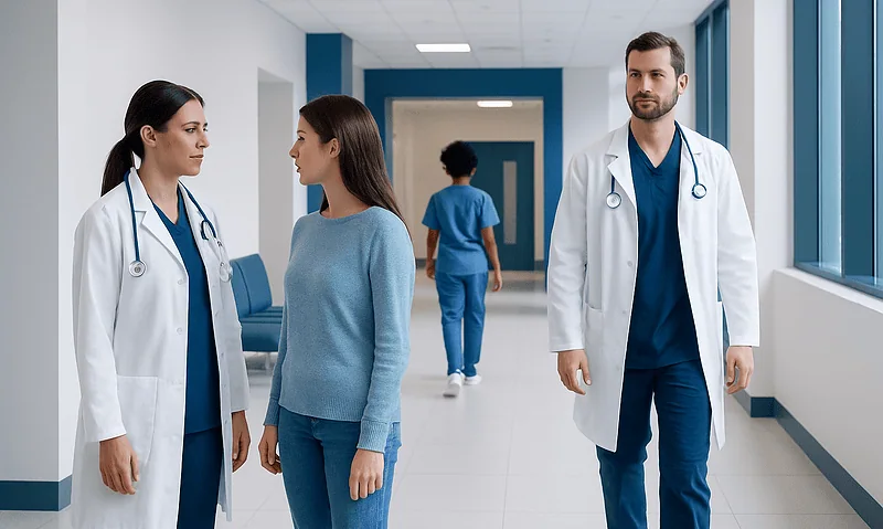 Doctors and patient in hospital corridor at Acibadem Hospitals Group.