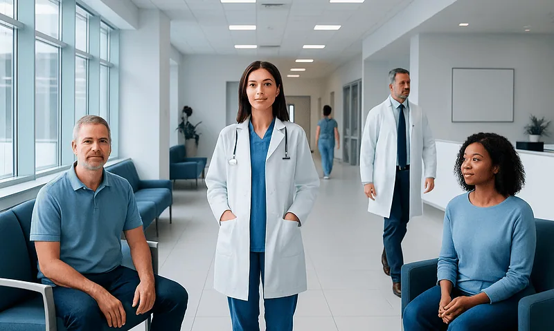 Medical professionals and patients in a modern hospital corridor.