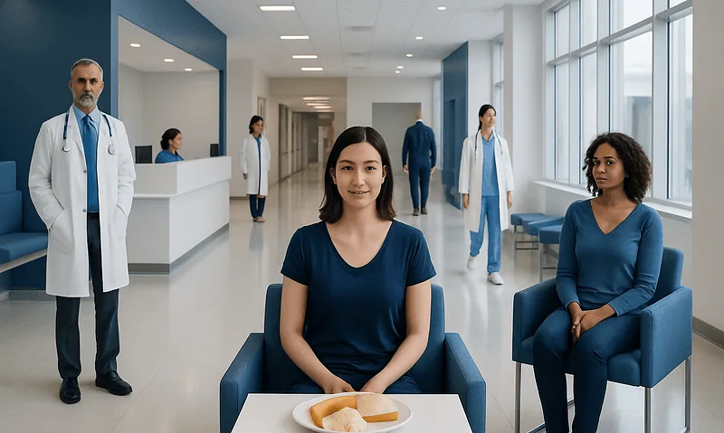 Patient waiting in hospital corridor with medical staff nearby.
