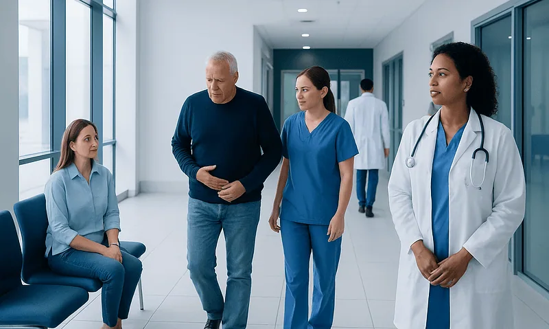 Medical consultation in hospital corridor with healthcare professionals and patient.