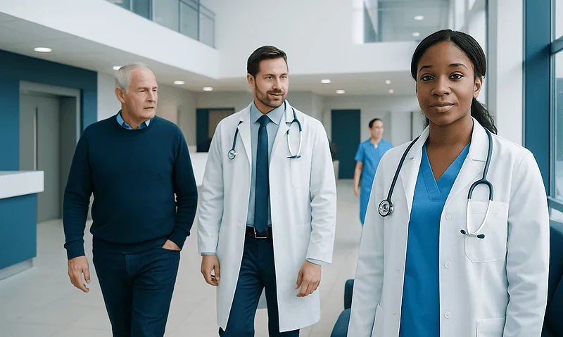 Medical team walking through hospital corridor with doctors and nurse.