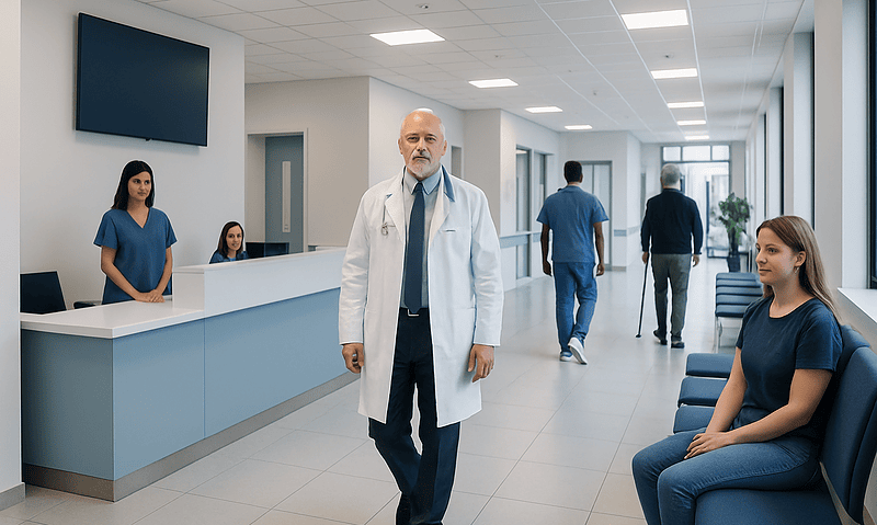 Medical staff and patients in a modern hospital corridor.