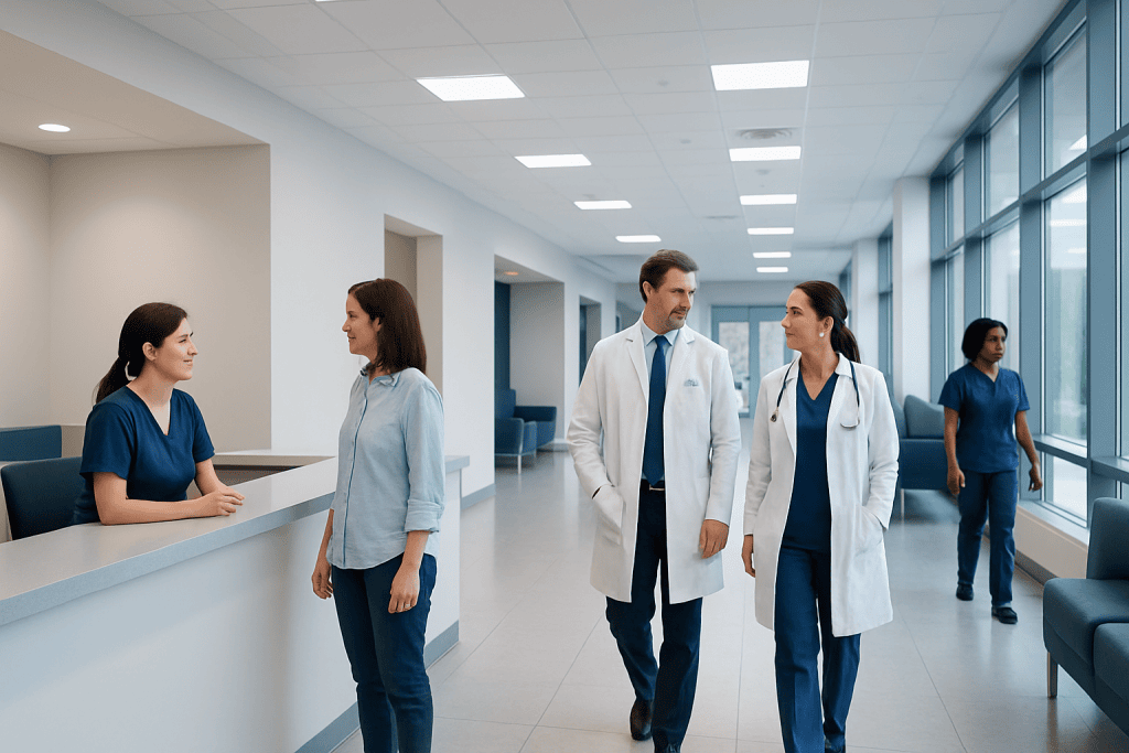 Foods with Msg in: Evidence-Based Benefits, Risks, and Practical Guidance 1 Healthcare professionals and staff in a modern hospital corridor.