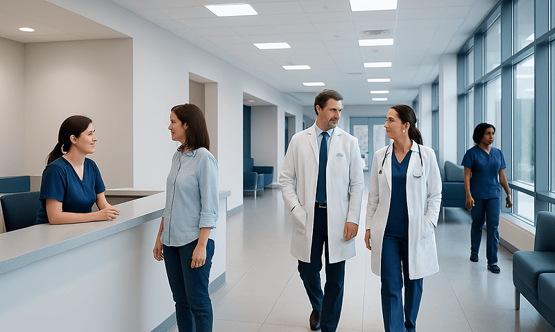 Healthcare professionals and staff in a modern hospital corridor.
