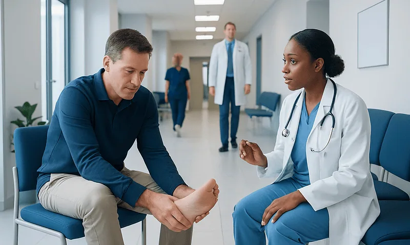 Doctor consulting patient about foot pain in hospital corridor.
